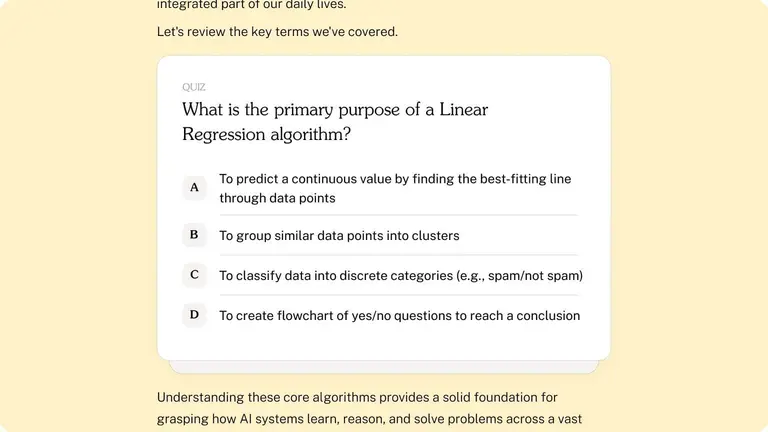 Interactive quiz format in Oboe showing multiple choice questions for knowledge reinforcement